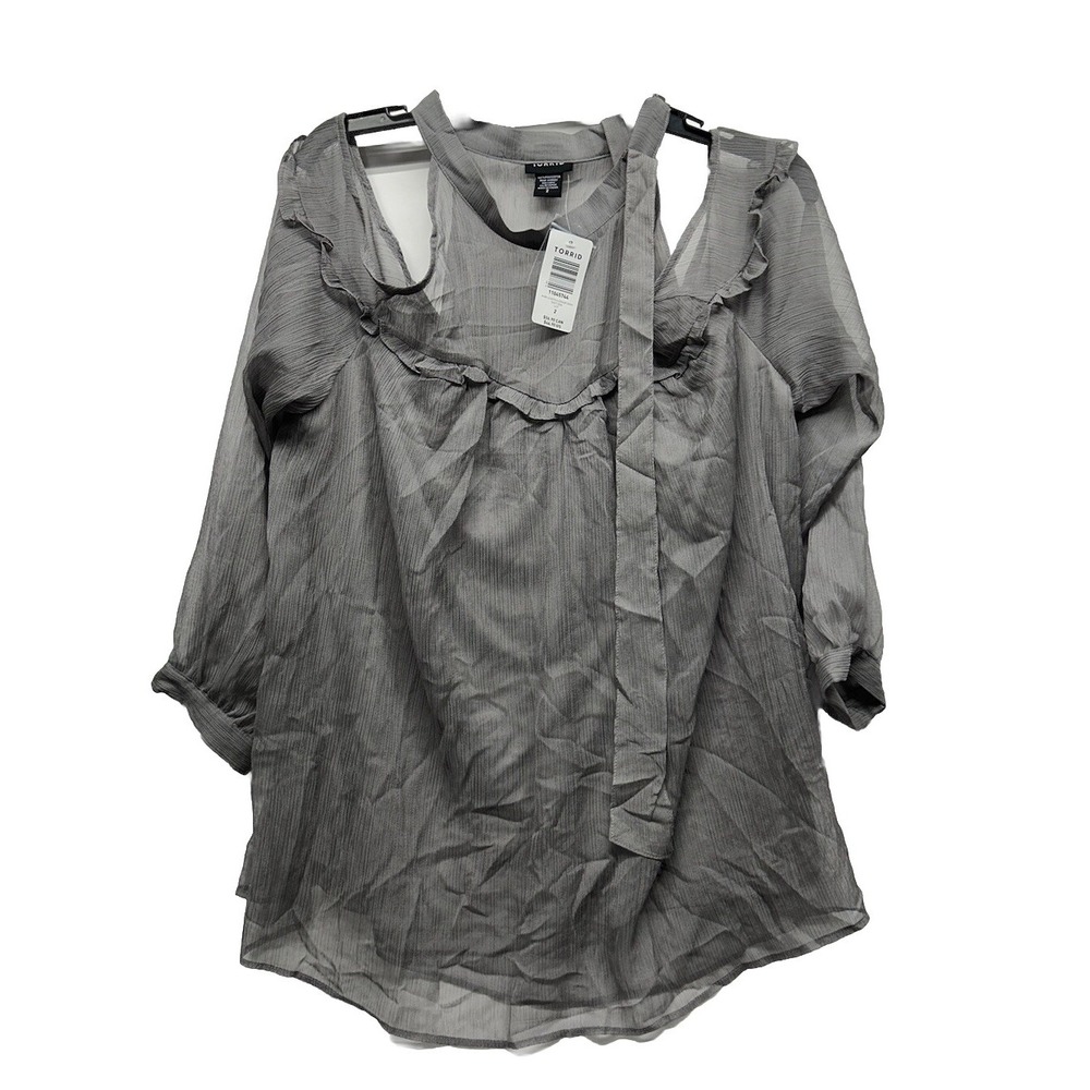 Torrid Womens Size 2 Gray Long Sleeve Cheffen Cold Shoulder Tie Neck Top New K4